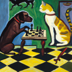 DALL·E 2023-07-20 14.20.44 - an oil painting by matisse with a dog play chess with a cat