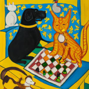 DALL·E 2023-07-20 14.20.47 - an oil painting by matisse with a dog play chess with a cat